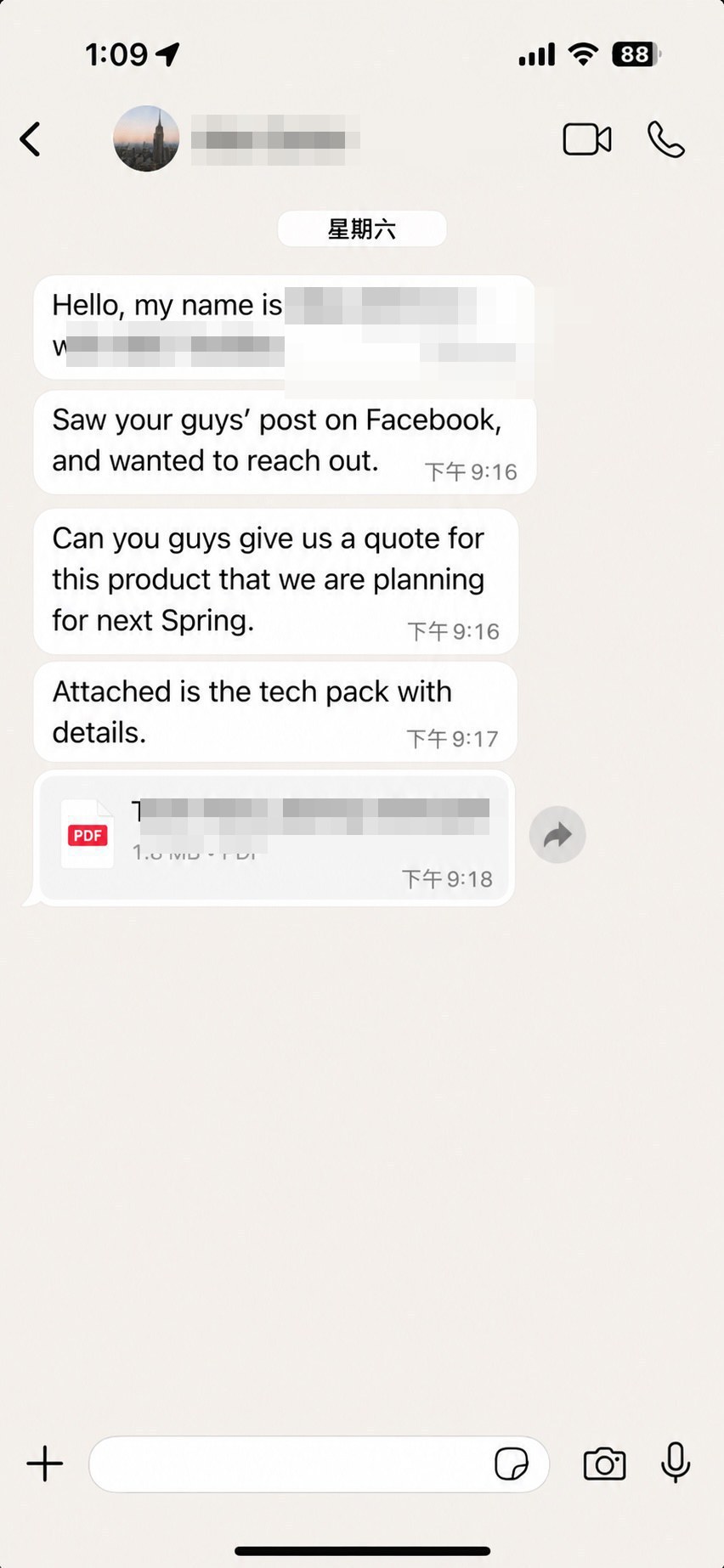 海外买家询盘 - 来自 Facebook 帖子,发送 tech pack 要报价